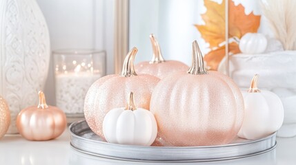 Elegant arrangement of pink and white pumpkins, perfect for fall and Thanksgiving decor.