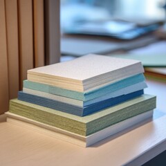 Stack of colorful notepads by a window