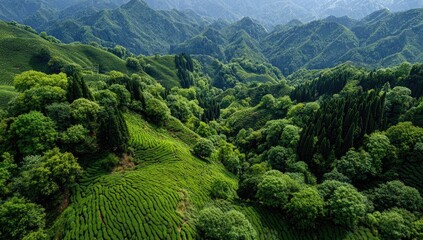 Lush green tea fields terraced on mountain slopes