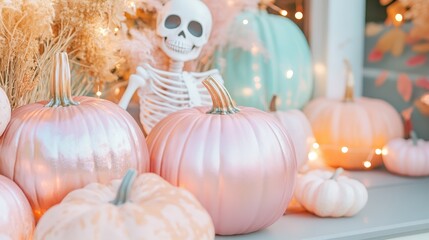 Obraz premium A charming Halloween scene with pink pumpkins, skeleton, and glowing lights.