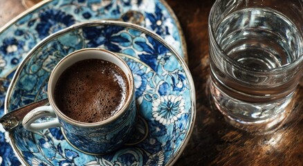 Turkish coffee in ornate porcelain, beside water glass