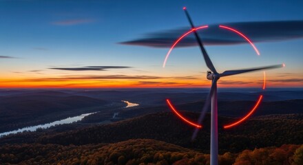 Photo of a wind turbine generating renewable energy at sunset, with glowing red lights on its blades, set against a dramatic sky and a landscape of hills, forests, and a winding river