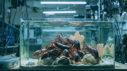 Medium shot focusing on a mediumsized live lobster tank showcasing lobsters clustered among rocks and artificial coral with equipment out of focus behind.