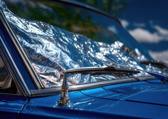 Close-up of a vibrant blue vintage car windshield covered in reflective foil.  Sunlight highlights the metallic surface