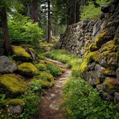 Obraz premium Mountain path winding through mossy rocks