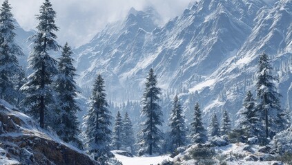 Snowy mountain valley with evergreen trees