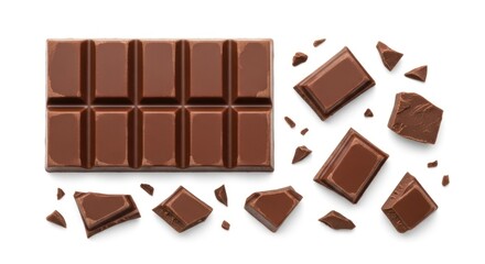 A Smooth Milk Chocolate Bar with Artfully Scattered Broken Pieces and Crumbs from Above