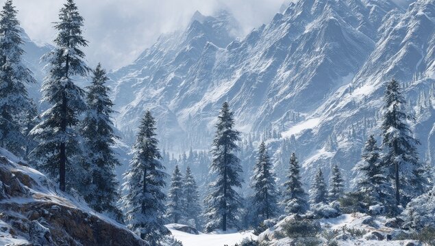 Snowy mountain valley with evergreen trees