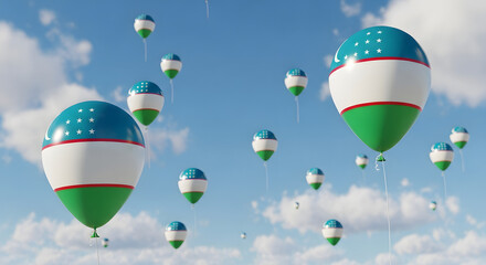 Blue sky with Uzbekistan flag balloons floating.
