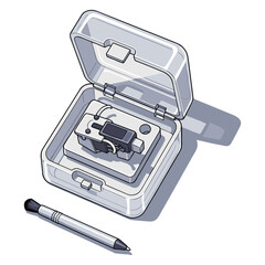 Digital micro measuring tool in transparent case with stylus pen for precision work illustration
