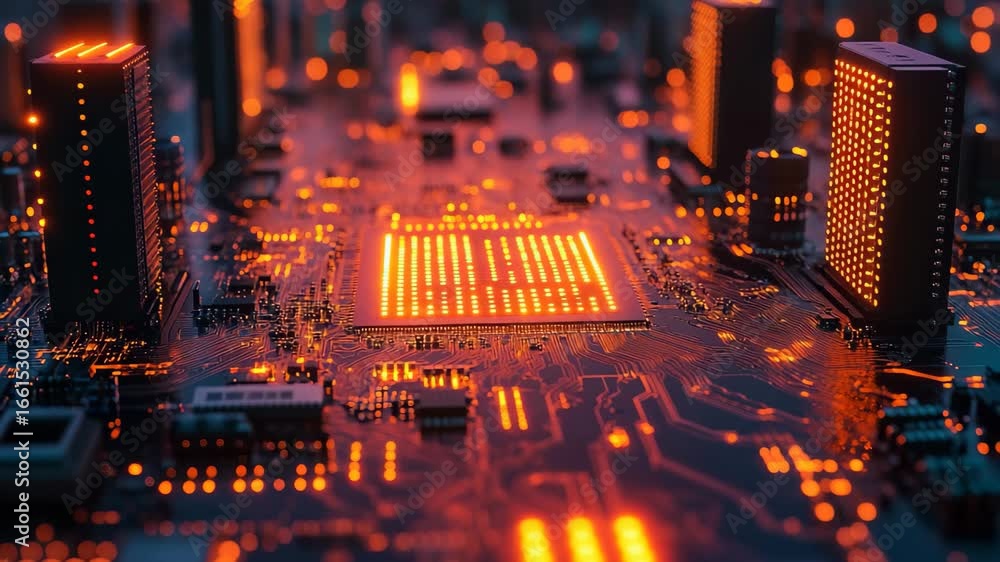 Poster a mesmerizing display of interconnected circuits illuminated by vibrant orange lights showcases the 