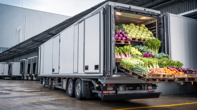 Medium shot of a refrigerated truck door opening revealing neatly packed fresh produce inside with the background softly blurred to emphasize product freshness in cold chain
