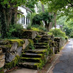 Moss-covered stone steps leading up to a white house