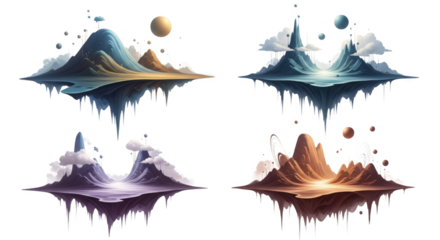 Dreamlike ethereal landscapes with celestial orbs and mirrored reflections