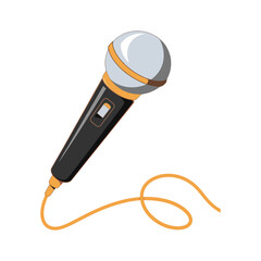 A classic handheld dynamic microphone with a black handle and silver grille, connected by an orange cord for singing vector illustration