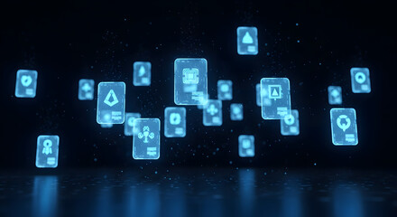 Futuristic digital ecosystem concept with a cloud of glowing holographic icons and user interface panels in a dark, high-tech environment.