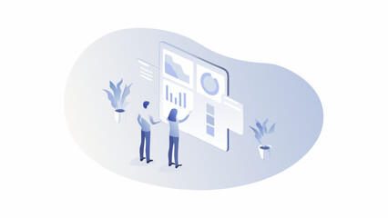 Two people analyzing data on a large screen with charts and graphs in a modern office setting indoors silhouette