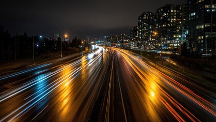 Fototapeta premium Night highway with blurred light trails. Urban cityscape in background