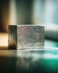 Close-up of a rectangular metallic prism.  A light gray, slightly textured block sits on a reflective surface.  Soft, out-of-focus background in teal and beige tones