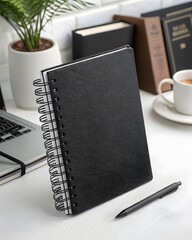 A black spiral notebook with a pen on a white desk near a laptop and a cup of coffee and books