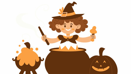 A cheerful witch stirring a cauldron with pumpkins in a halloween themed cartoon illustration style silhouette