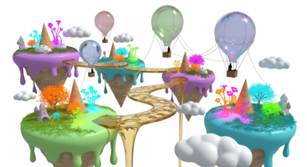 Surreal Fantasy Landscape with Floating Islands and Hot Air Balloons Amidst Clouds