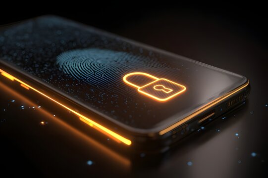 A sleek modern smartphone with glowing orange edges displays a digital fingerprint and lock icon on the screen, symbolizing biometric security and data protection. 