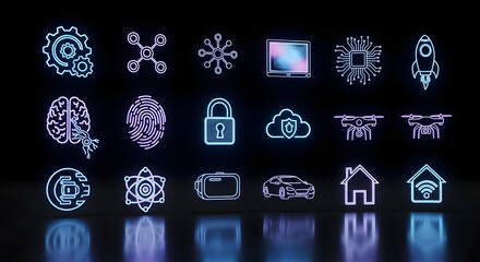 A vibrant collection of futuristic glowing neon technology icons representing artificial intelligence, internet of things, data security, smart systems, and digital innovation.