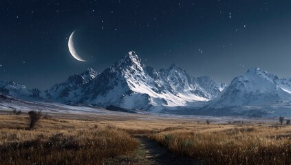 Majestic snowy mountains under a starry night. A crescent moon hangs high above a golden,  autumnal plain