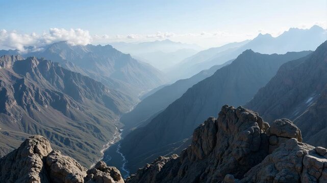 Majestic aerial drone footage captures vast Peruvian mountain ranges disappearing into ethereal misty horizons, creating a sense of awe and adventure.