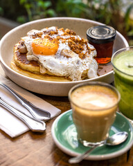 Breakfast at a café, healthy breakfast, Sunday breakfast, coffee, matcha, drinks
