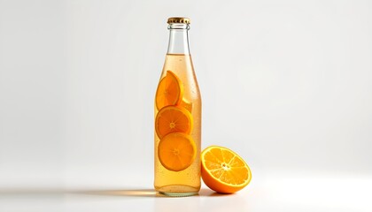 A refreshing beverage with orange slices in a clear glass bottle