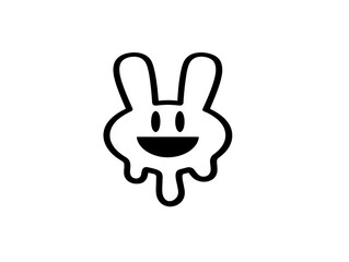 Fototapeta premium Cartoon bunny face with melting effect, black outline, white fill, happy expression, playful and modern style, isolated on transparent background
