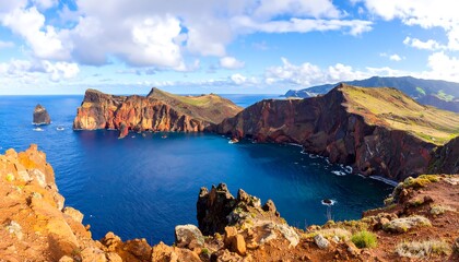 Fototapeta premium Scenic panorama of Ponta de S?o Louren?o with vibrant ocean and rocky cliffs