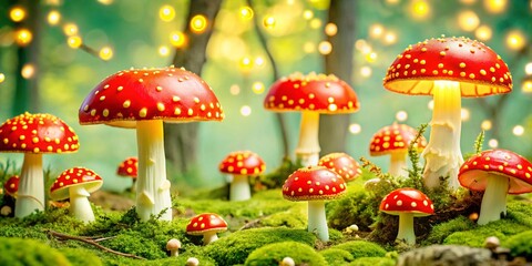 Fairy forest with fly agarics and fireflies