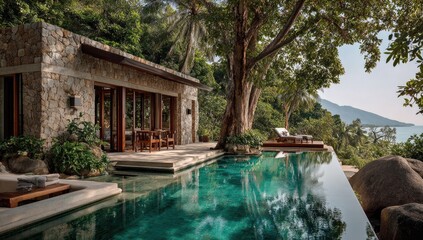Luxurious infinity pool nestled in a tropical hillside villa overlooking a tranquil ocean vista