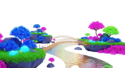 Enchanting iridescent landscape with floating islands and dreamy bridge scene