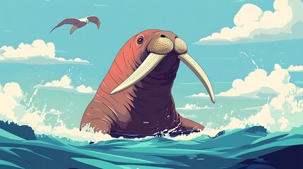 Walrus in water wildlife illustration