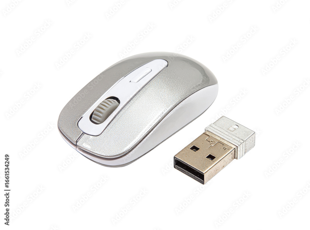 Poster wireless computer mouse with usb receiver silver design, isolated on transparent background
