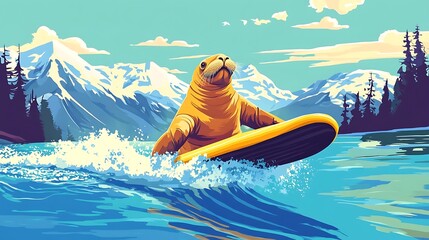 Walrus riding inflatable raft in scenic landscape illustration