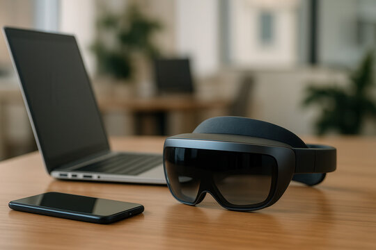 Innovative ar headset mockup on desk modern office technology showcase professional environment close-up view