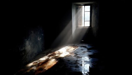 Sunlight streams into a dark, dilapidated room