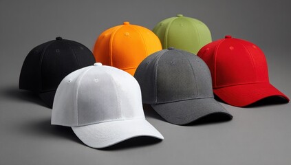 Six baseball caps in various colors arranged on a gray background