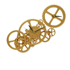 Golden Clock Gears and Time Mechanism with Clock Hands Isolated on White Background
