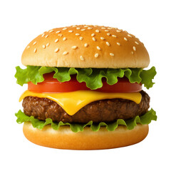Classic Cheeseburger Product Shot with Sesame Seed Bun, Melted Cheese, Tomato, and Lettuce Isolated