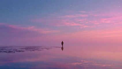 Silhouetted figure walks a placid, mirrored lake at dawn/dusk, reflecting a vibrant pink and purple sky