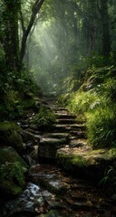 Fototapeta premium Sunbeams pierce a mossy forest path