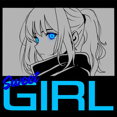 Pop art comic frame with ponytail haired anime girl with blue eyes wearing black scarf. Good design for wallpaper, poster or t-shirt design