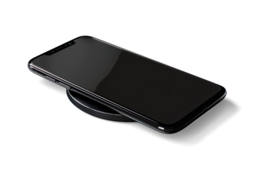 Black Smartphone on Wireless Charging Pad on a transparent background