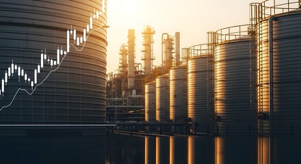 Industrial refinery landscape with a stock market graph overlaid showing financial growth